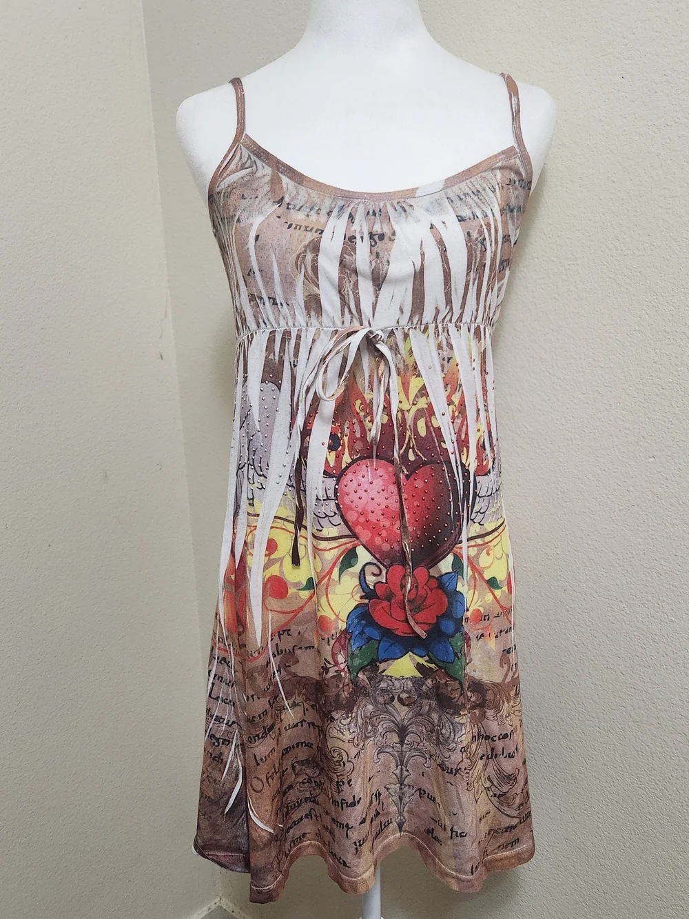 Y2K Babydoll Tatoo Mini Dresses Heart Rhinestone Ed Hardy Style Paper Thin Beach